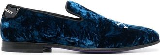 Philipp Plein skull-appliqué slippers - unisex - Calf Leather/Calf Leather/Metal/Cupro/Polyamide/Polyester/Viscose - 39 - Blue