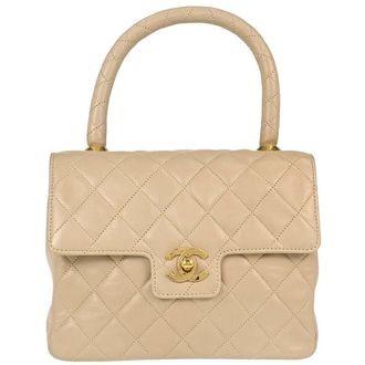 Chanel Cc Top Handle Flap Quilted Lambskin Beige Leather Handbag (Pre-Owned)