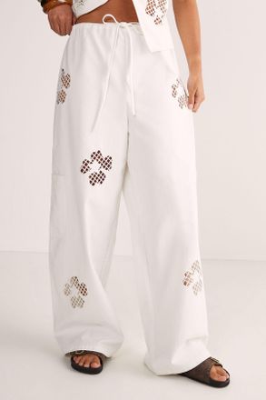 NASTY GAL Womens Floral Cutwork Cargo Pants - White Cotton - Size 14 UK