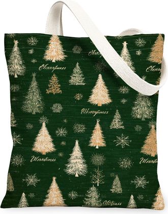 Generic Christmas Tree Canvas Tote Bags, Forest Pattern Reusable Shopping Bags, Vintage Lightweight Washable Shoulder Strap Canvas for Travel Beach Picnic 13x