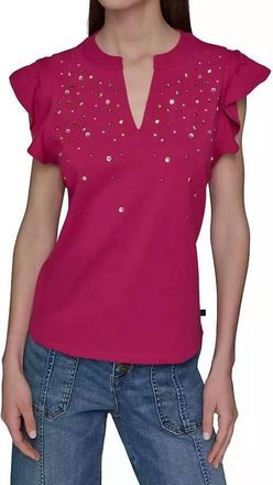 Karl Lagerfeld Studded Ruffle Knit Top In Cerise