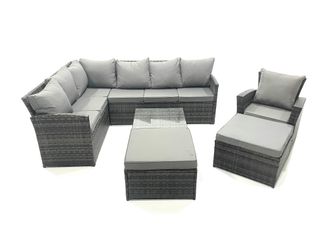 Fimous 9 Seater Outdoor Garden Furniture Set Wicker PE Rattan Corner Sofa Set with 2 Big Footstool in Dark Grey
