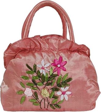 Generic Ethnic Style Tote Bag, Small Purse Wallet, Embroidery Flower Satin Silk Handbag, Zipper Flower Wrist Bag for Women Phone Cosmetic(deep pink)