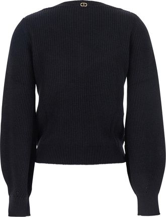 Twinset Womens Black Sweater With Embroidered Collar Cotton Tops Top
