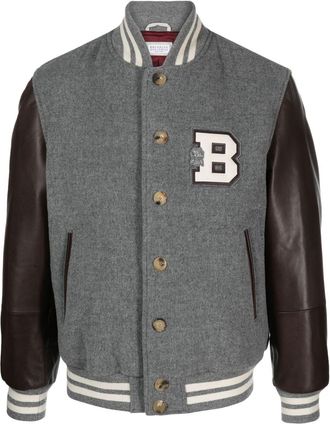 Brunello Cucinelli patch-lettering bomber jacket - men - Cupro/Virgin Wool/Cotton/Polyester/Calf Leather/Cashmere - M - Grey