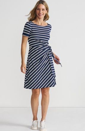 Lands End Short Sleeve Cotton Modal Wrap Mini Dress in Deep Sea Navy Quad Stripe at Nordstrom, Size X-Large P