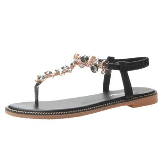 Generic Women Flat Sandals Fashion Thong Sandals Elegant T Strap Sandal Rhinestone Embellished Sandal Casual Roman Shoes Adjustable Ankle Strap Shoes Beach Op
