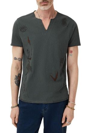 John Varvatos Embroidered Raw Edge Notch Neck Organic Cotton T-Shirt in Dried Sage at Nordstrom, Size Xx-Large
