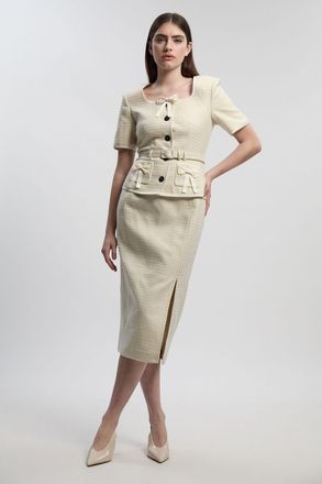 Karen Millen Womens Tailored Tweed Bow Detail Midi Pencil Dress - White - Size 10 UK