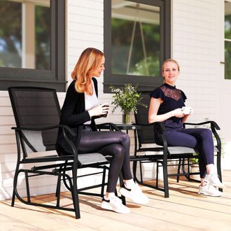 OUTSUNNY Outdoor Double Glider Rocking Chairs w/ Glass Top Middle Table, Metal Gliding Love Seat Conversation Furniture w/ Breathable Mesh Fabric