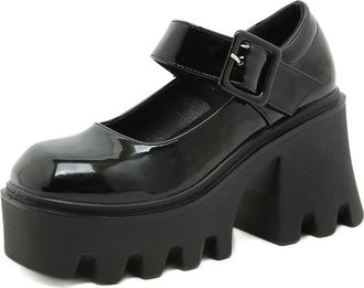 Generic Chunky High Heel Mary Jane Pumps for Women - Round Toe Leather Platform Mid Heel Dress Shoes