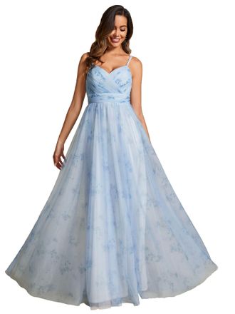 Ever-pretty Womens Dresses for Spring Floral Printed Empire Waist Spaghetti Strap with V-Neck Prom Evening Dress Ice Blue 20UK