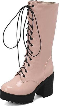 Generic Womens Lace Up Mid Claf Riding Boots Chunky Platform Round Toe Punk Shoes with Side Zipper (Pink,7.5)