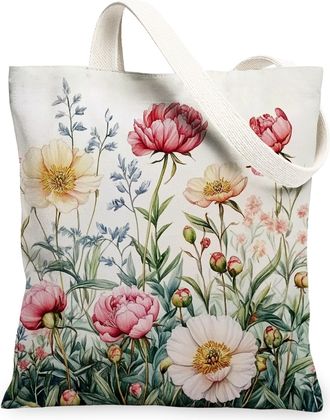 Generic Spring Peony Flower Canvas Tote Bag for Shopping 13x15, Farmhouse Floral Wildflower Reusable Grocery Print Pattern Bag for Women, Cute Garden Beach Ae