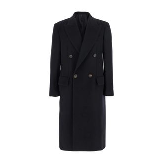 Hev&ograve; Blauwe Double-Breasted Wollen Jas - Heren - Mantel - Blauw - 2XL - Wol - Jassen