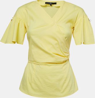 Elisabetta Franchi Yellow Stretch Cotton Flutter Sleeve Wrap Top