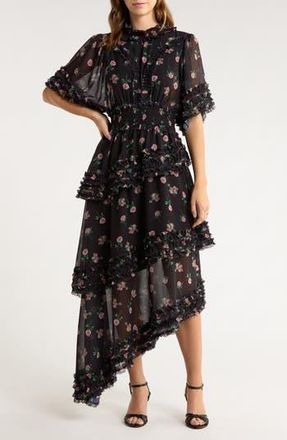 Sister Jane Rose Print Ruffle Maxi Dress in Black at Nordstrom Rack, Size X-Small