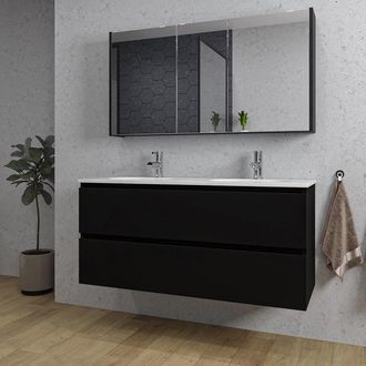 Saniclass Chaci Badkamermeubelset - 120x46x55cm - keramische wastafel wit - 2 ovale wasbakken - 2 kraangaten - 2 lades - spiegelkast - mat zwart