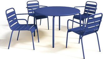 Vente-Unique Comedor de jard&iacute;n de metal - Mesa D.110 cm y 4 sillones apilables azul noche - MIRMANDE