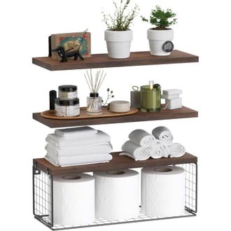 Elle Estanter&iacute;a Flotante De Ba&ntilde;o De 3 Piezas Sobre El Inodoro, Estante De Pared Con Cesta Met&aacute;lica, Estante Flotante Para Decoraci&oacute;n De Pared - Marr&oacute;n R&uacute;st