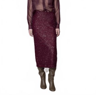 Nude Sequined Knit Skirt In Burgundy