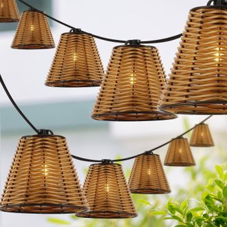 Jonathan Y Designs Payton 10-Light Indoor/Outdoor 10 ft. Classic Cottage Incandescent G40 Faux-Rattan Shaded String Lights, Brown