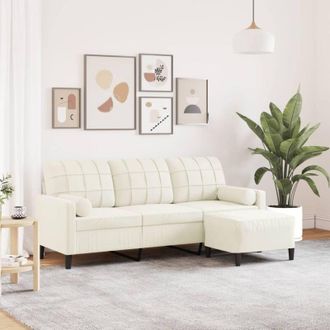 vidaXL Sof&aacute; De 3 Plazas Con Taburete De Terciopelo Crema 180 Cm