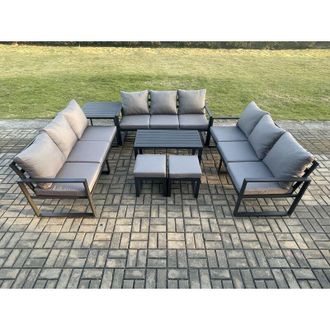 Fimous Fimous Aluminium 11 Seater Outdoor Garden Furniture Set Lounge Sofa Oblong Coffee Table 2 Small Footstools Side Table Sets with Cushions Dark Grey
