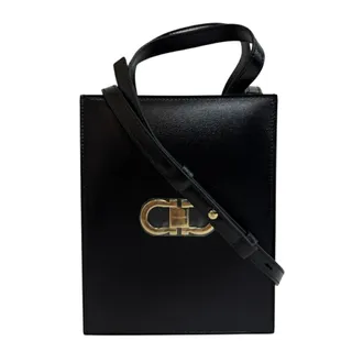 Ferragamo Black Red Color Leather Metal Tote Bag (Pre-Owned)