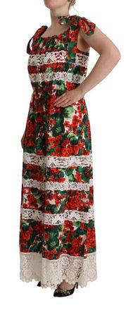 Dolce & Gabbana Womens Multicolor Geranium Print Lace Long Maxi Dress Cotton Polyester