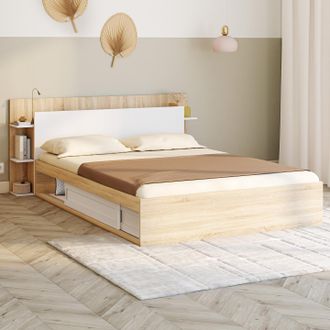 IDMarket Cama Doble Sari Con Almacenaje, Somier Y Cabecero 140 X 190 Cm Madera Y Blanco