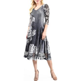 Komarov Silver Stencil Printed Charmeuse 3/4 Sleeve Dress in Black/silver Brocade at Nordstrom, Size X-Small