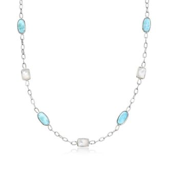 Ross-Simons Mother-Of-Pearl and Larimar Station Necklace in Sterling Silver