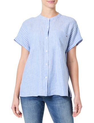 Tommy Hilfiger Womens Short Sleeve Collarless Linen Blouse, Blue (Multiple STP/Blue Spell), 16