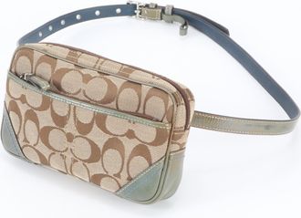 Coach Beige Smoke Green Leather Canvas Pouch Shoulder Bag Sling Bag (Pre-Owned)