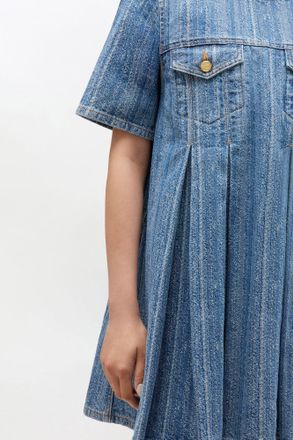 Ganni Blue Striped Denim Pleated Dress - Size 32 Organic Cotton