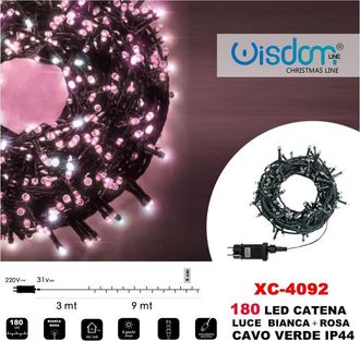 Trade Shop Trade Shop - Catena Luminosa 180 Luci Led Luci Lights Bianca + Rosa Cavo Verde Ip44 Xc-4092