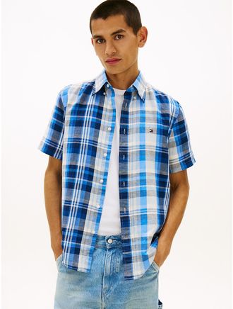 Tommy Hilfiger Mens Plaid Cotton-Linen Blend Shirt - Navy - XXL