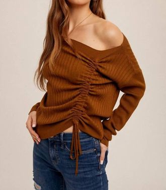 Hem & Thread Ruched Drawstring Asymetrical Sweater In Chai
