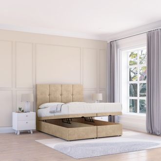 Sloomy Jasmine Coniston Fabric Ottoman Bed End Opening With Sprung Memory Mattress & 26 Inch strut Headboard in Cream | Size: Small Double