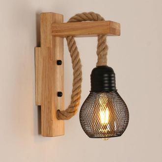 OEM Aplique De Pared Retro De Madera, L&aacute;mpara De Jaula De Metal Negro E27, Adhesivo De Pared De Cuerda De C&aacute;&ntilde;amo Para Interiores, Sala De Estar (bombillas