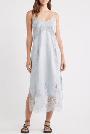 AllSaints Samia Pintuck Lace Trim Linen Slip Dress in High Rise Blue at Nordstrom, Size 12