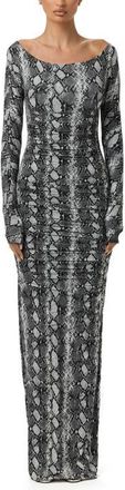 Naked Wardrobe Ruched Off the Shoulder Long Sleeve Maxi Dress in Grey Snakeskin at Nordstrom, Size X-Small