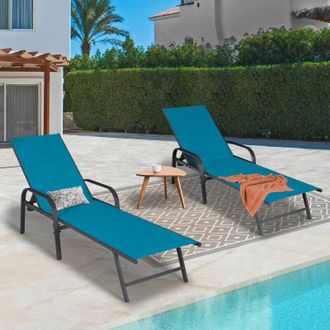 IDMarket Set di 2 lettini da giardino reclinabili FIDJI in acciaio grigio antracite e tessuto blu anatra