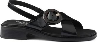 Prada Brushed Leather Crisscross Band Sandals With Plexiglas Buckle Shoes
