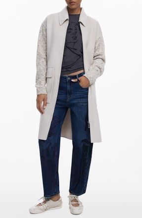 Desigual Mixed Media Longline Overcoat in Beige at Nordstrom, Size X-Small