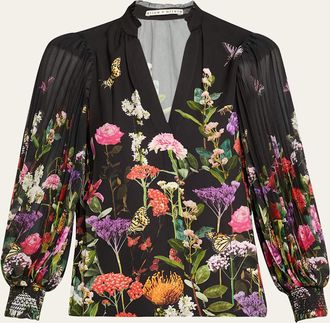 Alice & Olivia Ilan Pleated Blouson-Sleeve Blouse