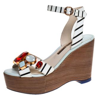 Sophia Webster White/black Striped Leather Suki Gem Embellished Wedge Platform Sandals