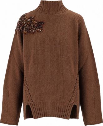 Ermanno Scervino Brown Wool Ribbed Embellished Shoulder Sweater