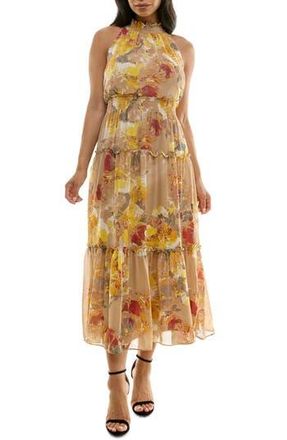 Nina Leonard Floral Sleeveless Tiered Chiffon Maxi Dress in Tan Wine Multi at Nordstrom Rack, Size Small